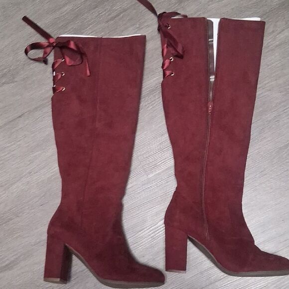 JustFab Burgundy Lace-Up Heeled Boots - Picture 1 of 4